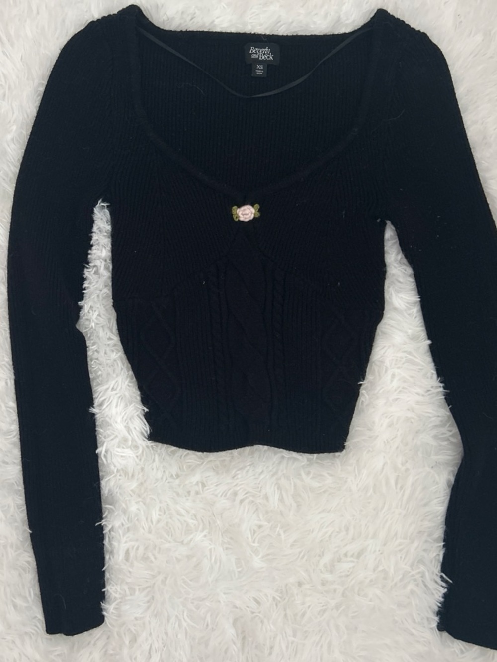 PacSun Black Cable-Knit Scoop Neck Sweater with Pink Rose Accent
